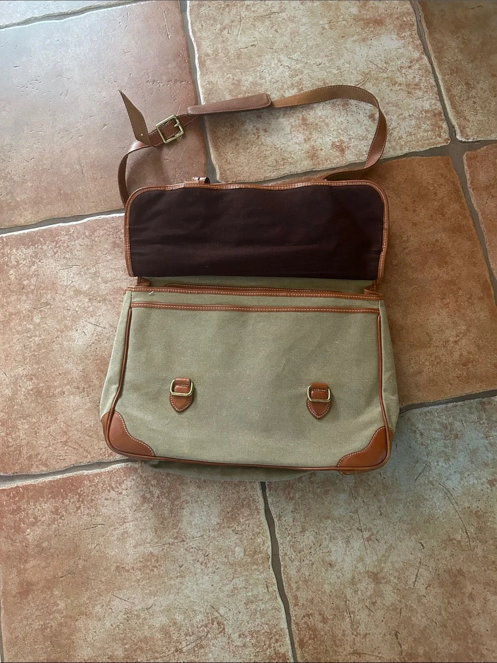 Canvas and Leather Satchel Shoulder Bag in Tan and Cream